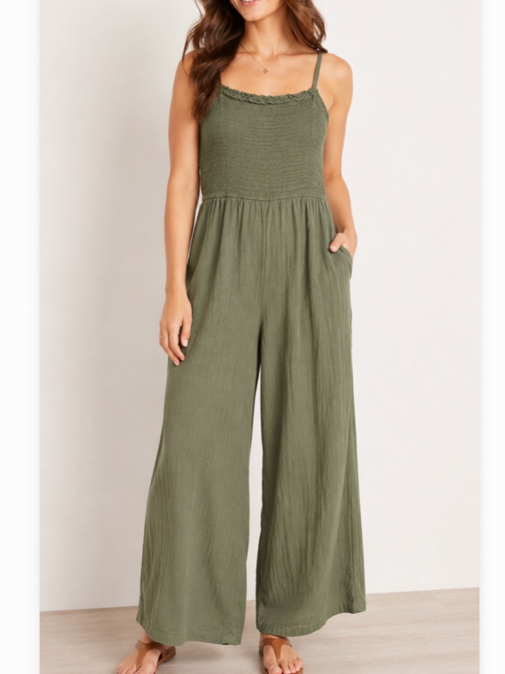 Old Navy Olive Smocked Wide-Leg Jumpsuit with Pockets